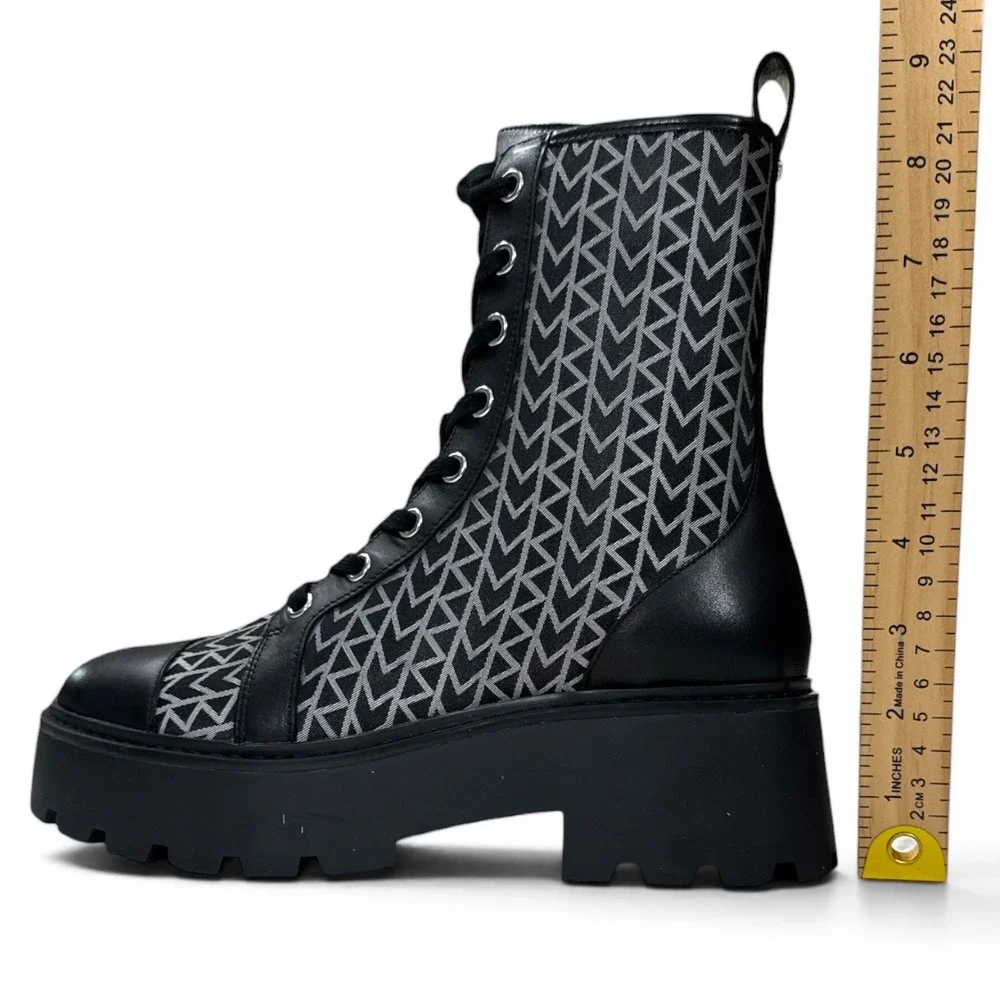 Michael Kors Blake Logo Jacquard Leather Lace Up Combat Boots Black Wm 6.5 NIB